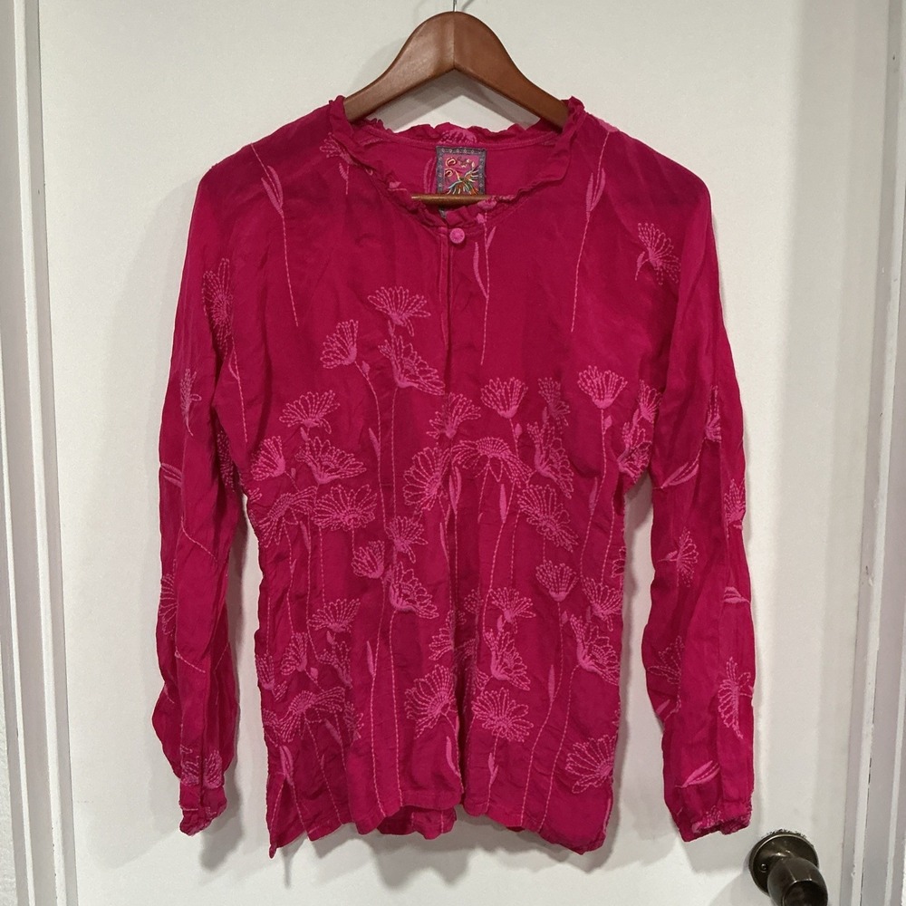 Johnny Was Daisy Arianda Embroidered Blouse, XS, Magenta Fuchsia, Peasant Sleeve